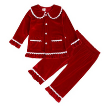 Load image into Gallery viewer, Girl&#39;s Cotton Velour Pyjamas - Christmas Red
