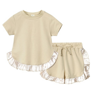 Kids Tales Ruffle Shorts and Tee Sets - Beige