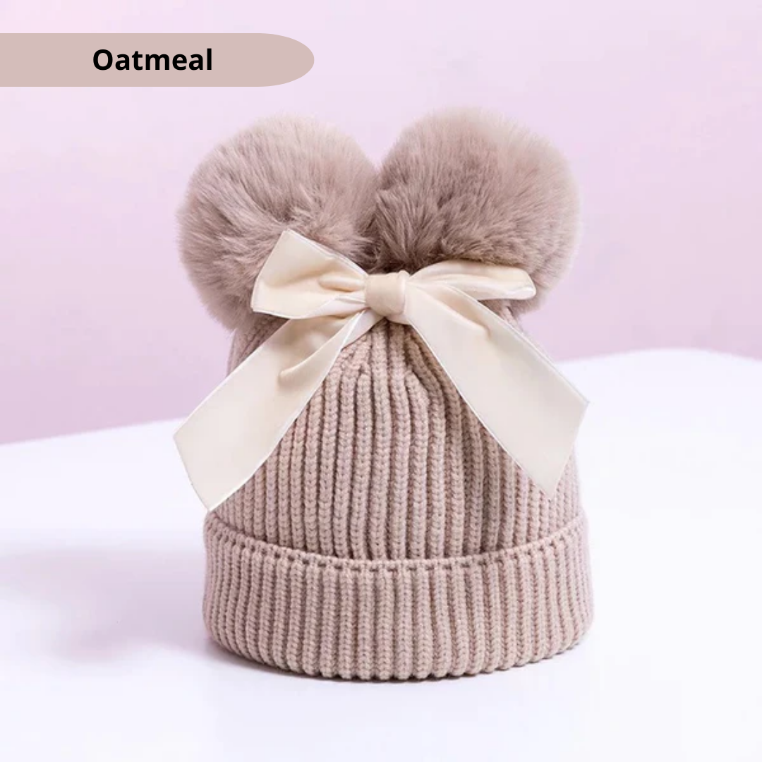 Baby/Junior Double Pom Pom and Bow Beanie Hat Oatmeal – Crafty