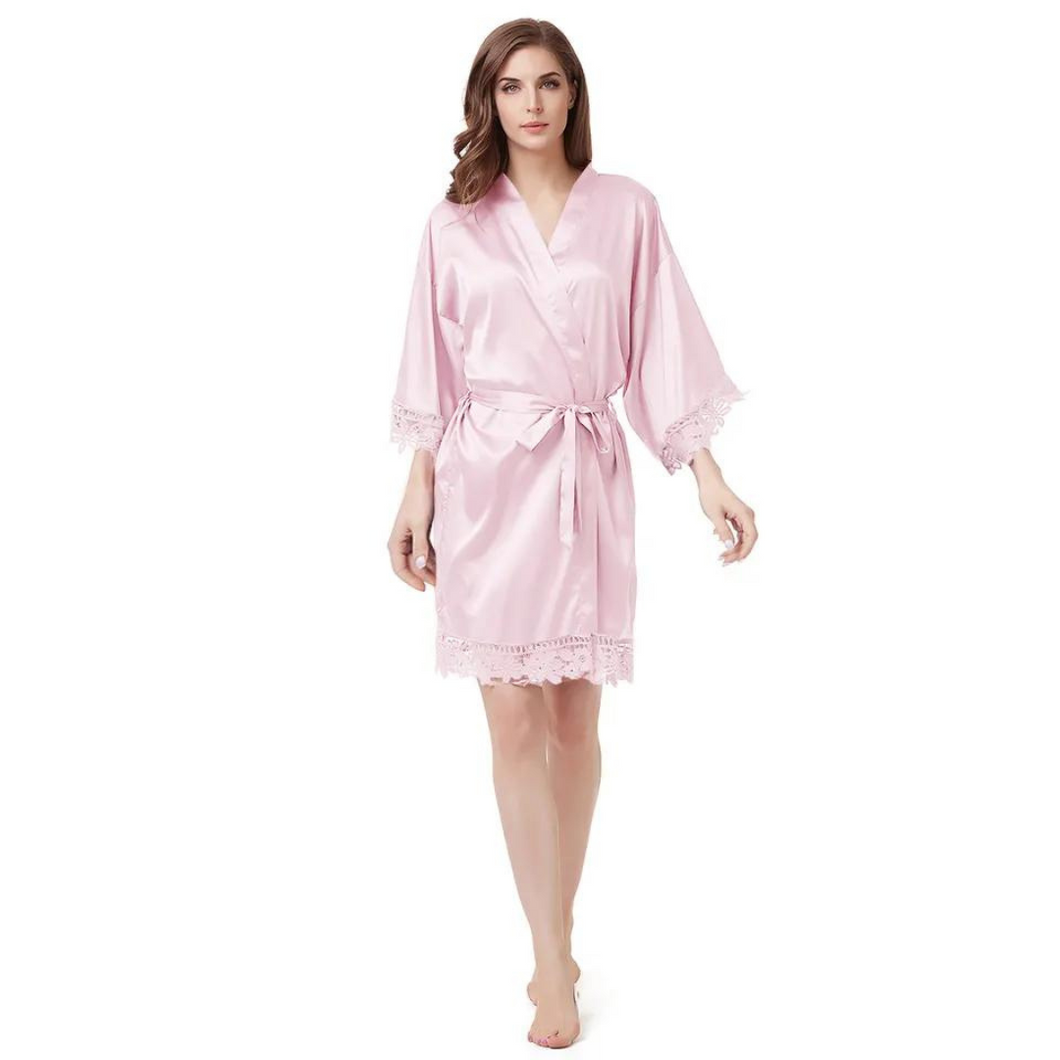Women's Blank Bridal Day Robe With Crochet Detail - Pale Pink