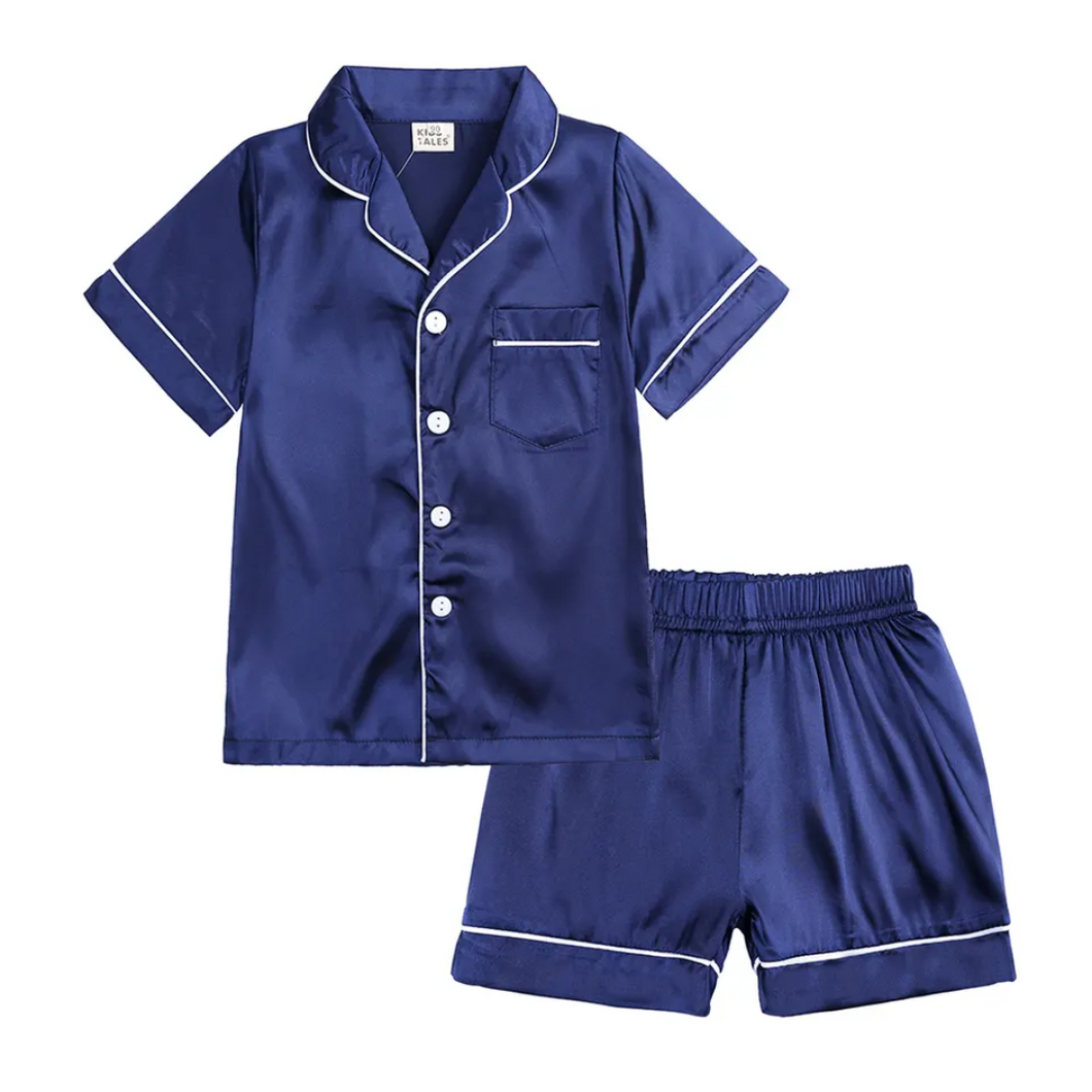 Kids Tales Silk Style Shorts Pyjama Set -  Navy