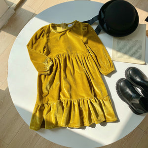 Girls Plush Velvet Dress - Gold Yellow