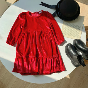 Girls Plush Velvet Dress - Deep Red