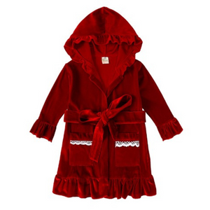 Girl's Cotton Velour Dressing Gown - Christmas Red