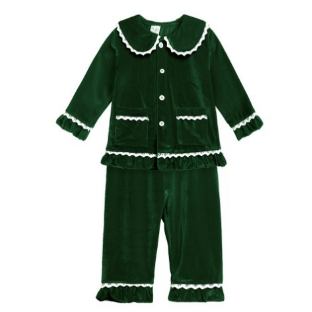 Girl's Cotton Velour Pyjamas - Festive Green