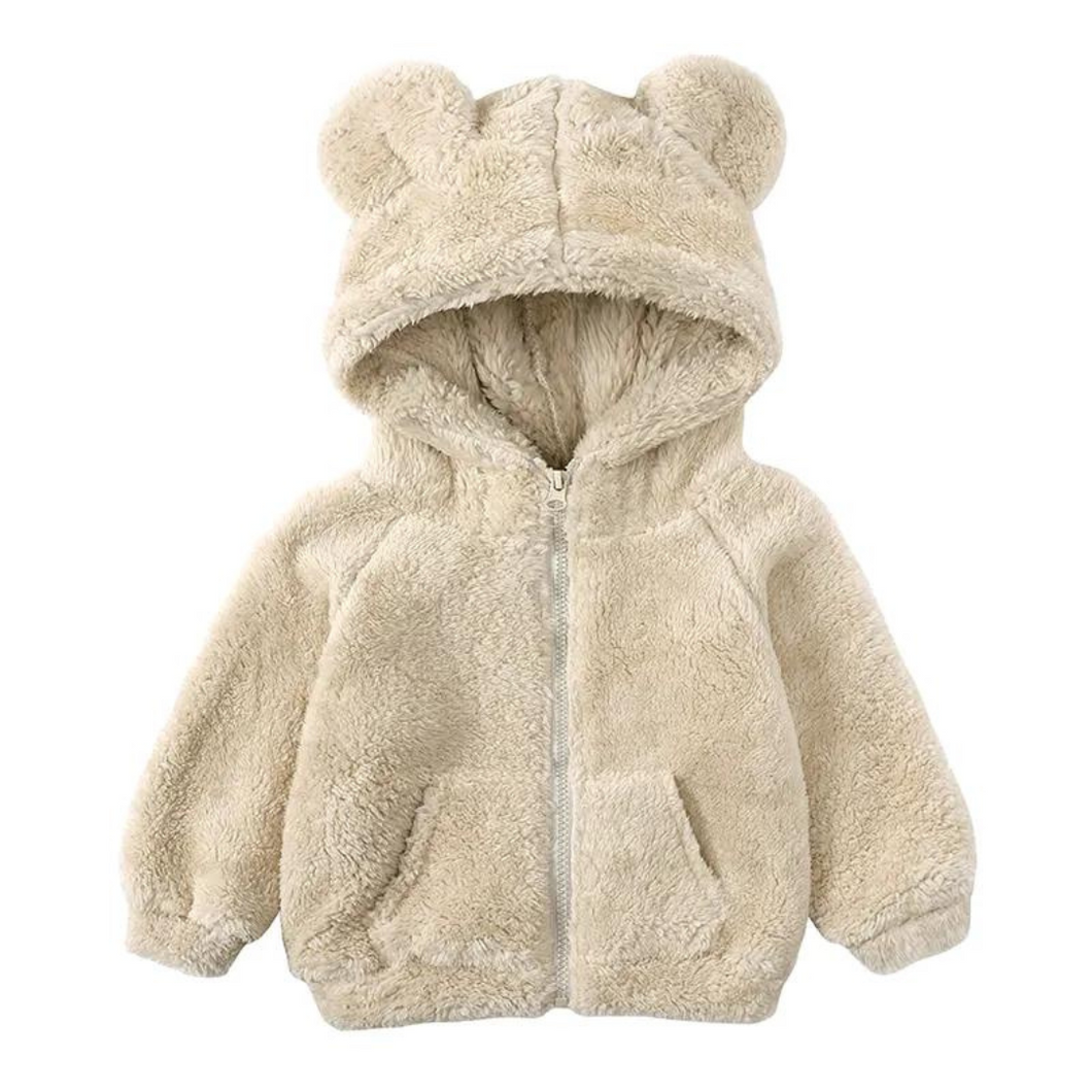 Fluffy Zipped Bear Hoodie - Beige