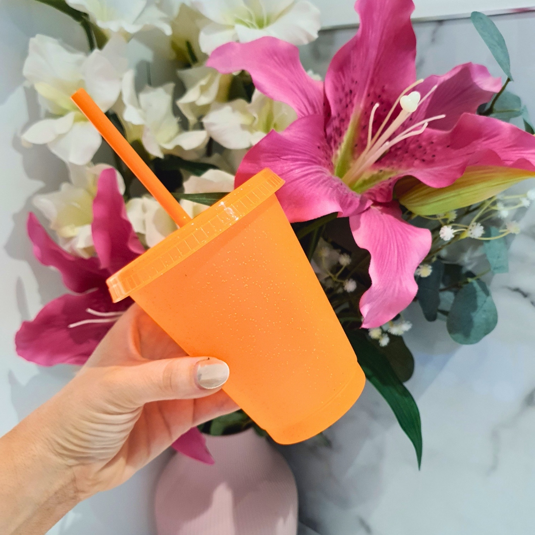 Glitter Cold Cup with Straw 480ml Orange