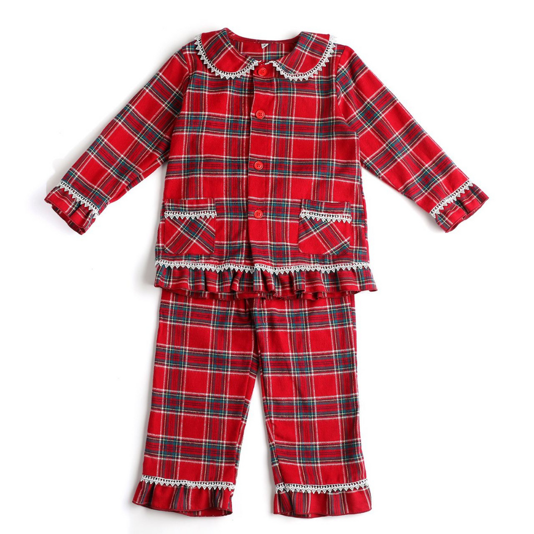 Girl's Cotton Tartan Two-Piece Frilly Pyjamas in Red