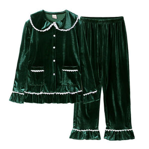 Ladies Cotton Velour Pyjamas - Festive Green