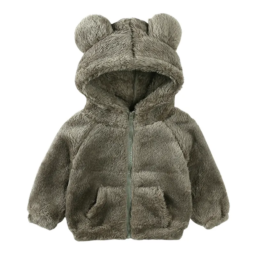 Fluffy Zipped Bear Hoodie Khaki