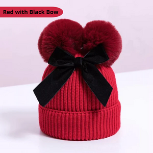 Baby/Junior Double Pom Pom and Bow Beanie Hat Red with Black Bow