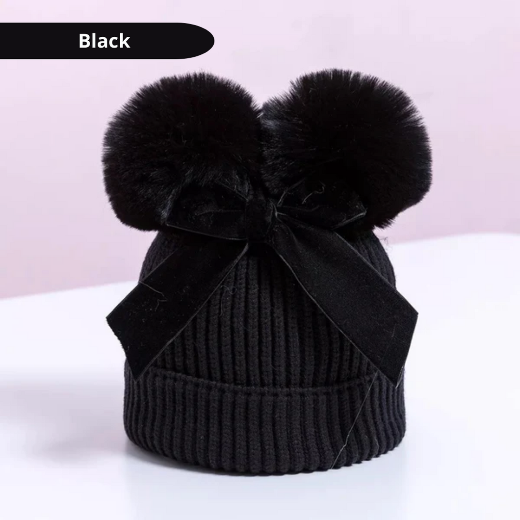Baby/Junior Double Pom Pom and Bow Beanie Hat All Black
