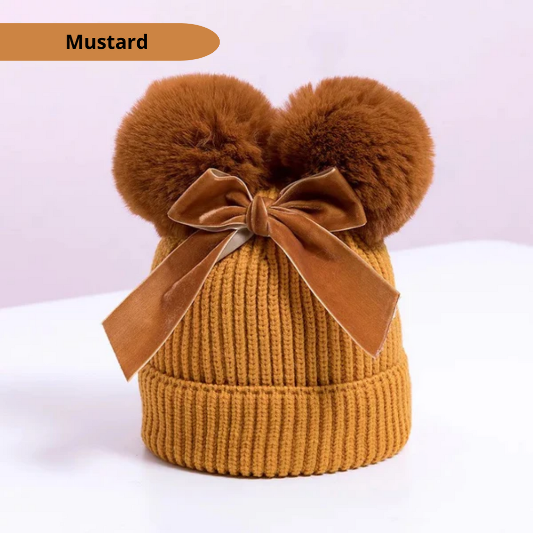Baby/Junior Double Pom Pom and Bow Beanie Hat Mustard