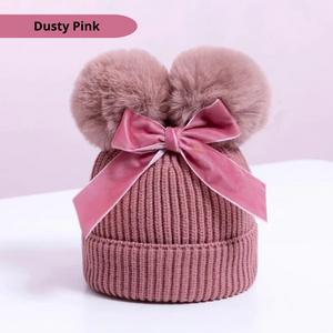Baby/Junior Double Pom Pom and Bow Beanie Hat Dusty Pink