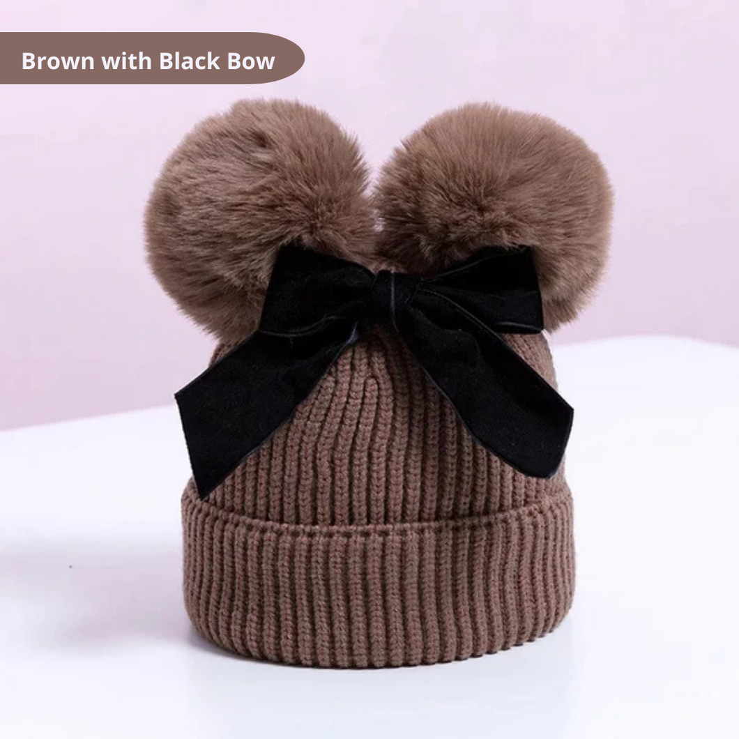 Baby/Junior Double Pom Pom and Bow Beanie Hat Brown with Black Bow