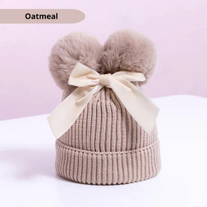Baby/Junior Double Pom Pom and Bow Beanie Hat Oatmeal