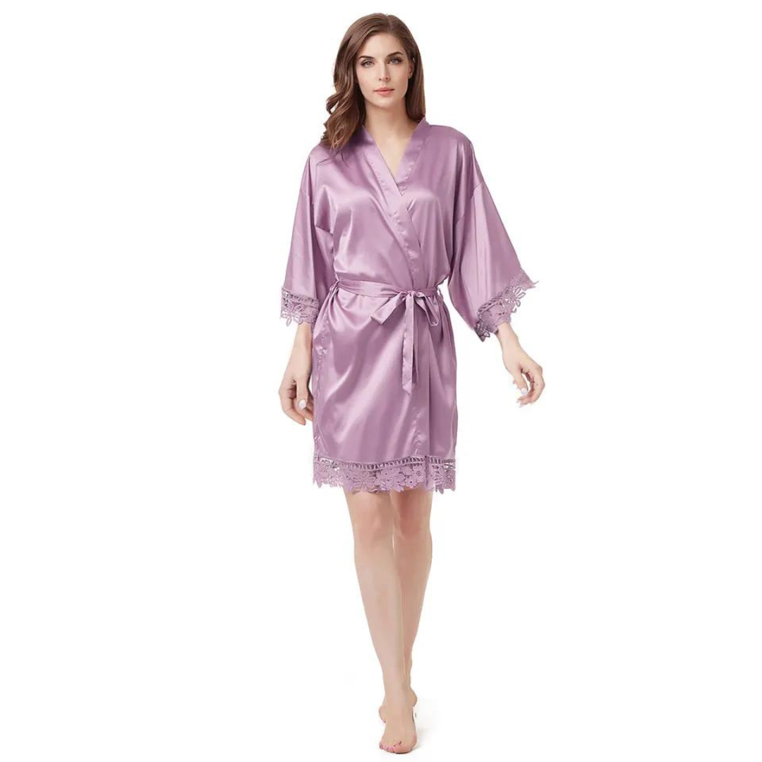 Women's Blank Bridal Day Robe With Crochet Detail - Mauve
