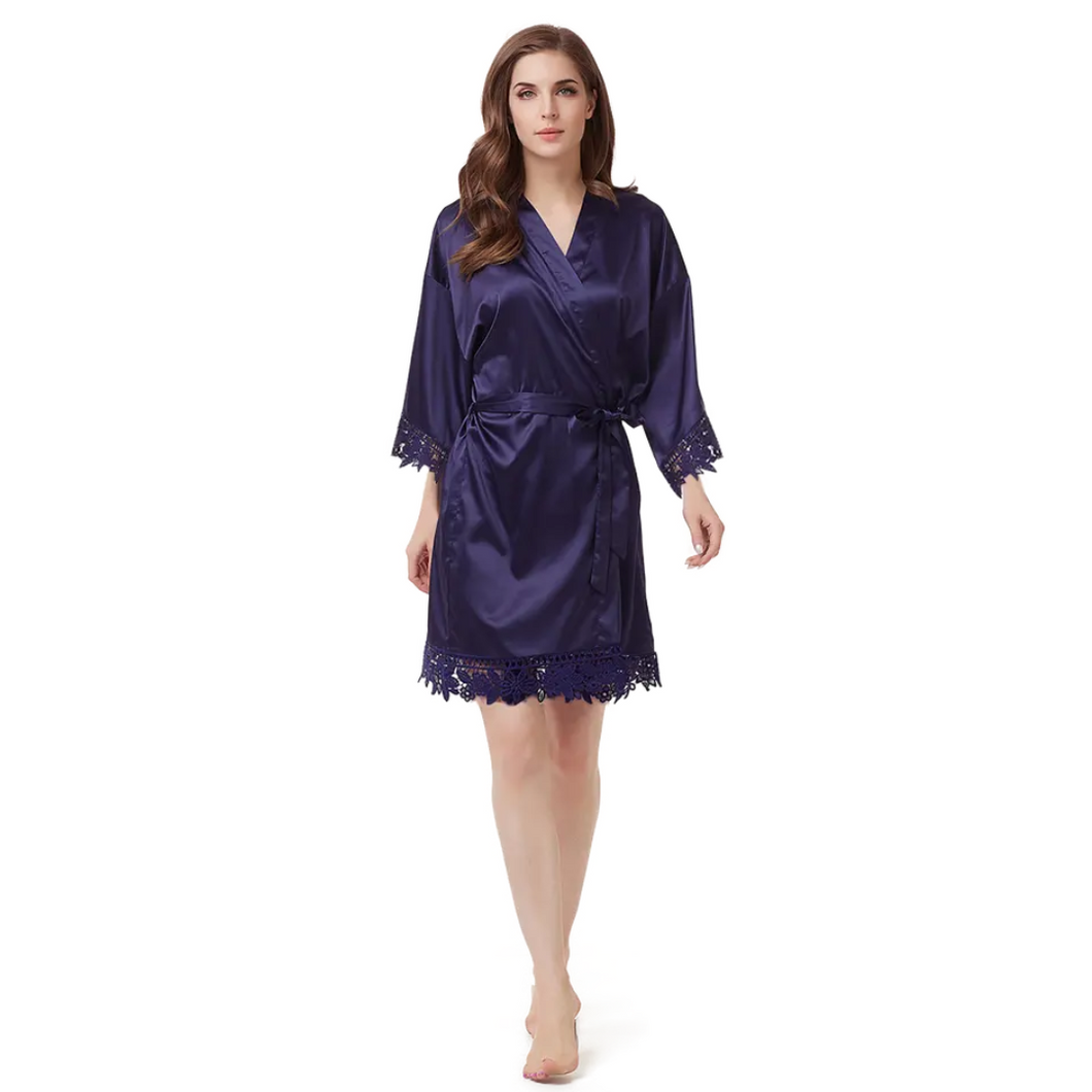 Women's Blank Bridal Day Robe Navy With Crochet Detail